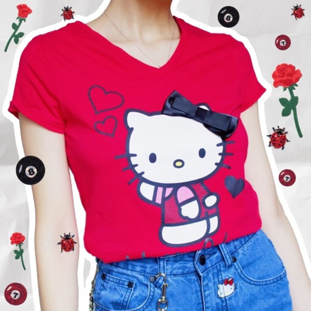 HELLO KITTY RED V-NECK BOW HEART SHIRT
